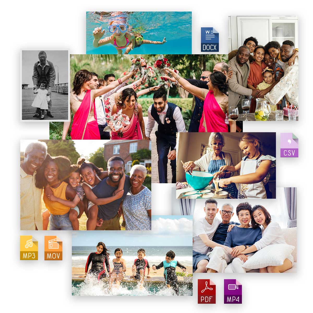 collage of family photos from all backgrounds plus solid-colored icons of assorted media and document file types