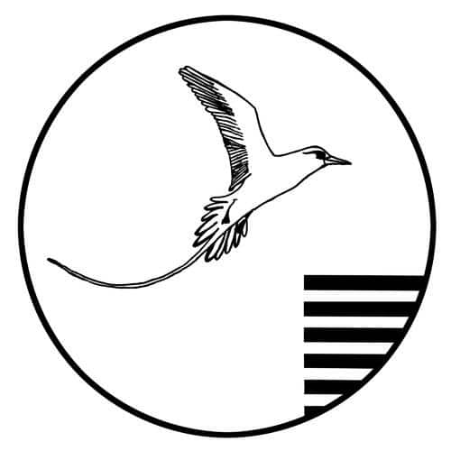 Within a circle, a bird in flight and six horizontal black bars in the lower right portion of the circle